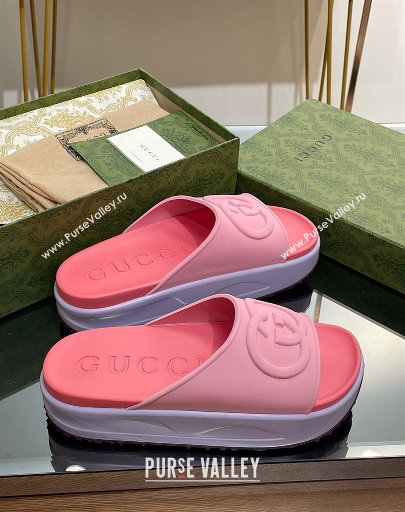 Gucci Women/Men platform Rubber slide sandals with Interlocking G Pink 2024 (modeng-24031126)