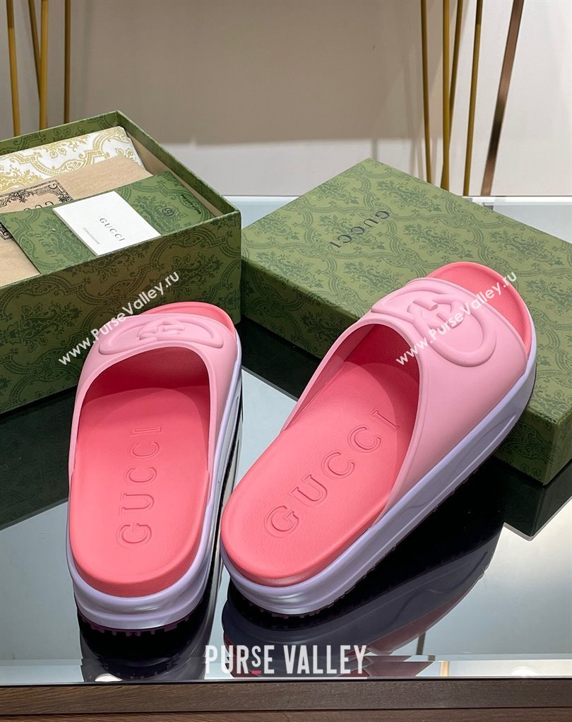 Gucci Women/Men platform Rubber slide sandals with Interlocking G Pink 2024 (modeng-24031126)