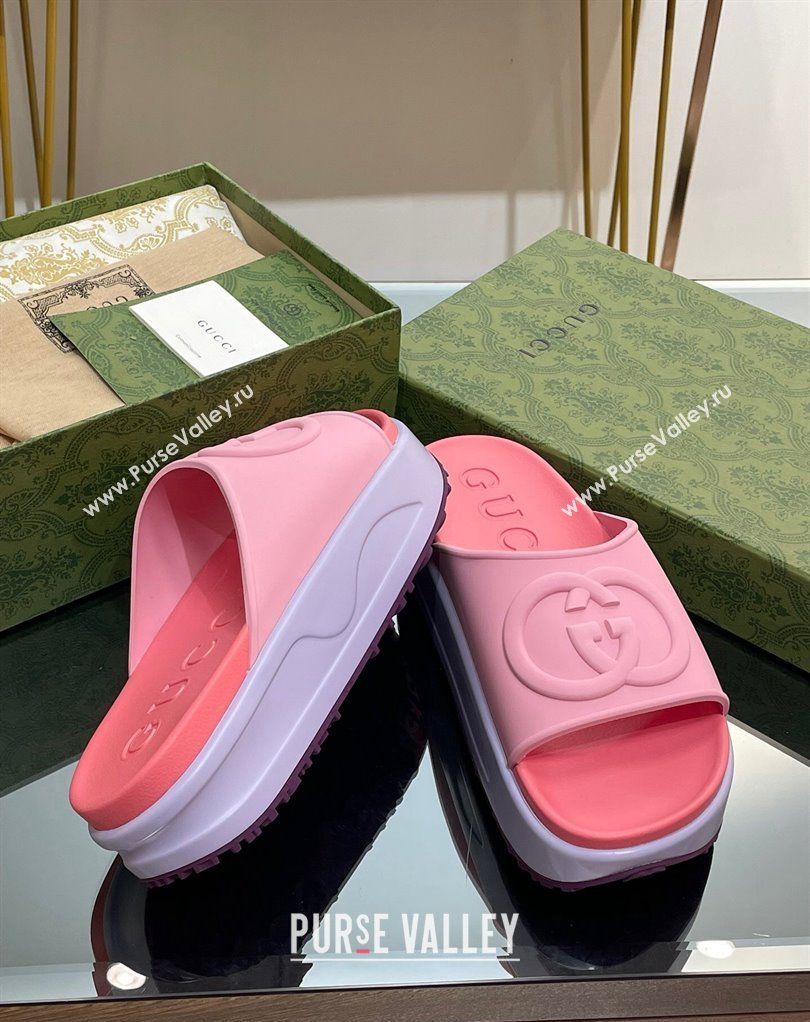 Gucci Women/Men platform Rubber slide sandals with Interlocking G Pink 2024 (modeng-24031126)