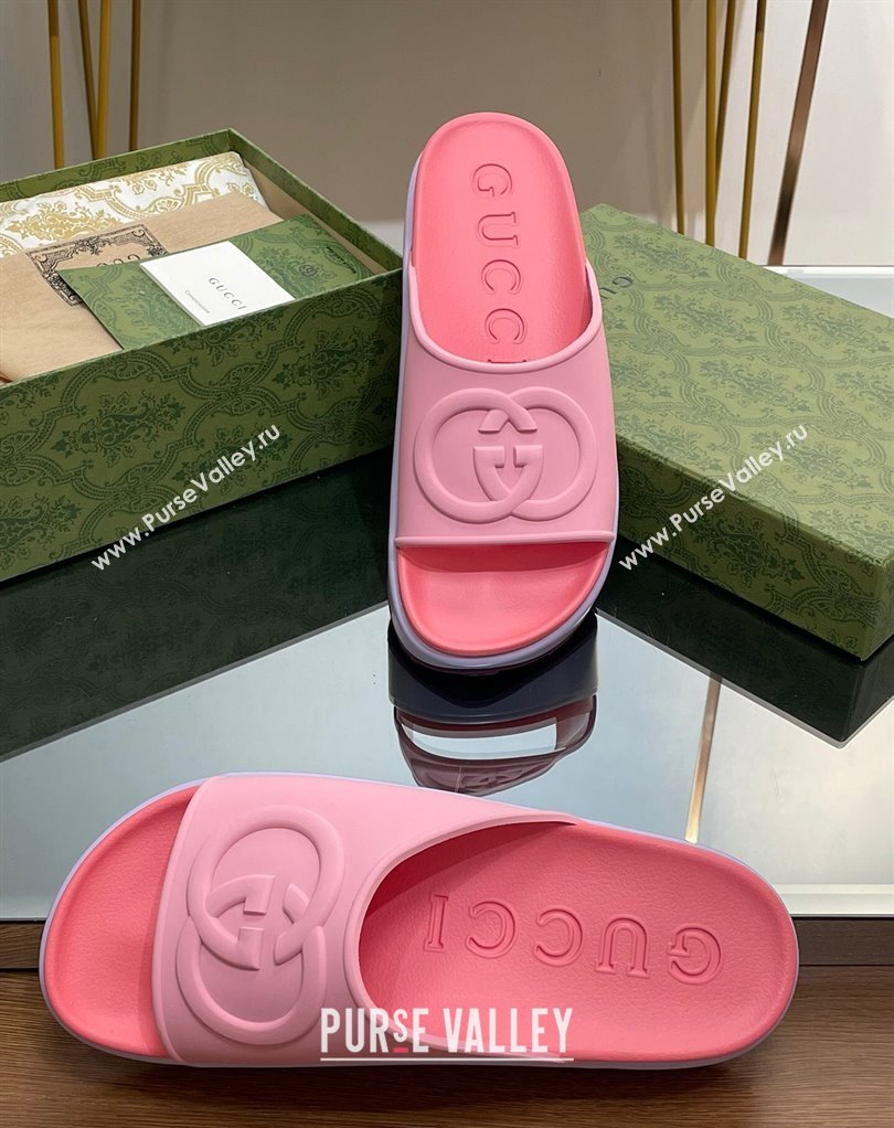 Gucci Women/Men platform Rubber slide sandals with Interlocking G Pink 2024 (modeng-24031126)