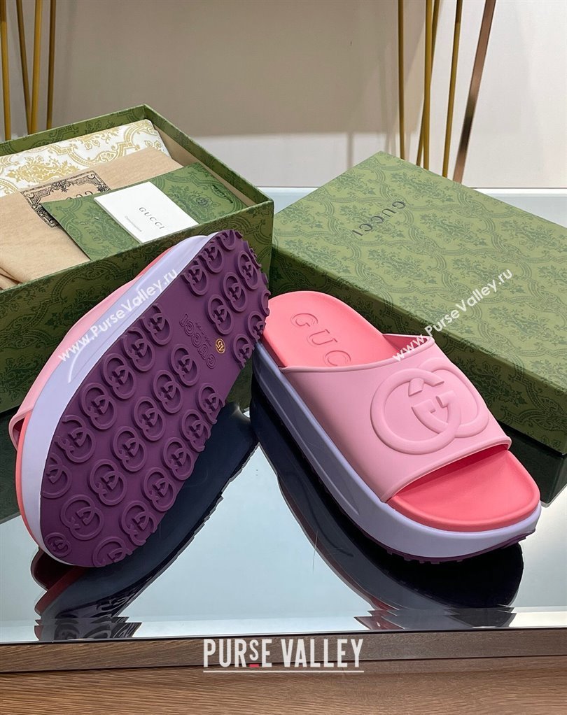 Gucci Women/Men platform Rubber slide sandals with Interlocking G Pink 2024 (modeng-24031126)