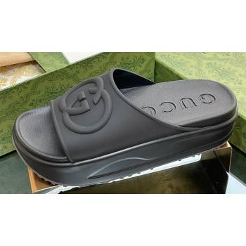 Gucci Women/Men platform Rubber slide sandals with Interlocking G Black 2024 (modeng-24031119)