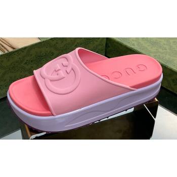 Gucci Women/Men platform Rubber slide sandals with Interlocking G Pink 2024 (modeng-24031126)