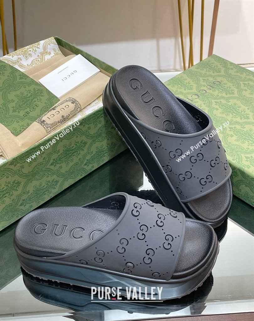 Gucci Women/Men platform perforated GG Rubber slide sandals Black 2024 (modeng-24031128)