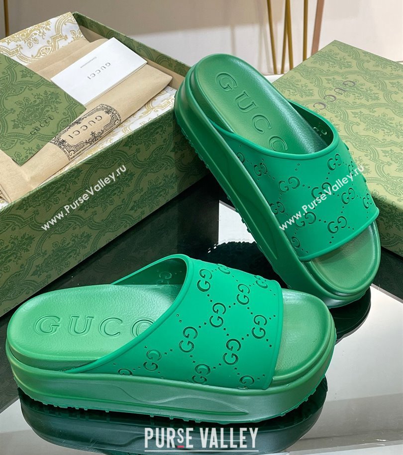 Gucci Women/Men platform perforated GG Rubber slide sandals Green 2024 (modeng-24031132)