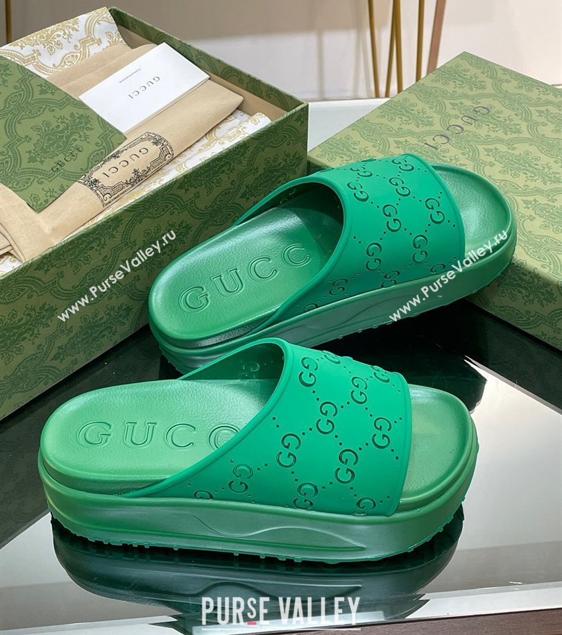 Gucci Women/Men platform perforated GG Rubber slide sandals Green 2024 (modeng-24031132)