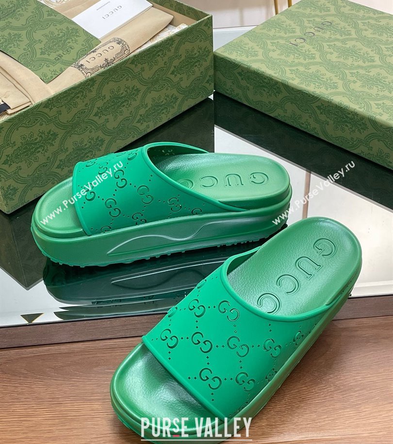 Gucci Women/Men platform perforated GG Rubber slide sandals Green 2024 (modeng-24031132)