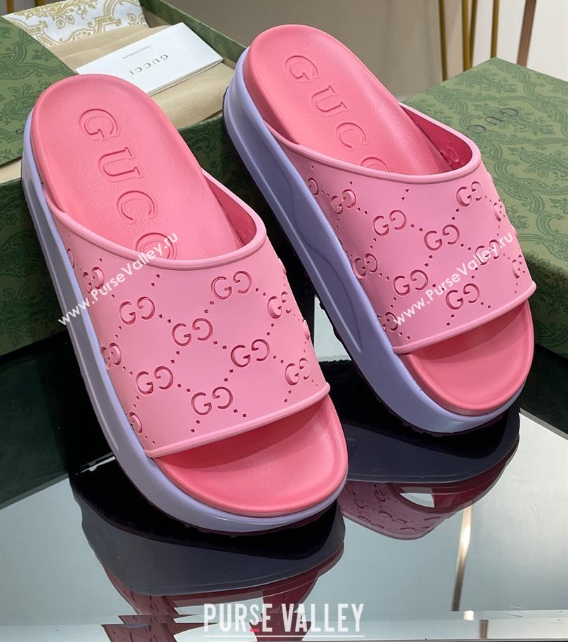 Gucci Women/Men platform perforated GG Rubber slide sandals Pink 2024 (modeng-24031134)