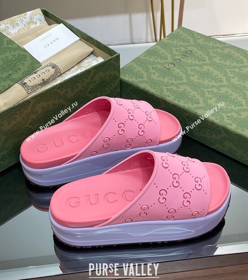 Gucci Women/Men platform perforated GG Rubber slide sandals Pink 2024 (modeng-24031134)