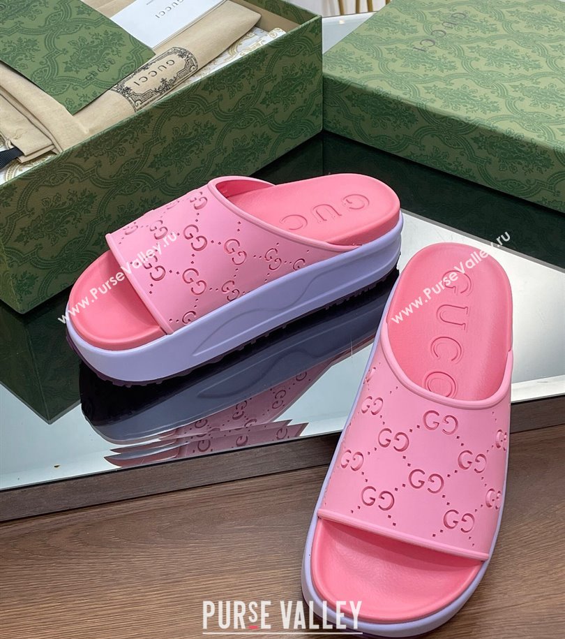 Gucci Women/Men platform perforated GG Rubber slide sandals Pink 2024 (modeng-24031134)