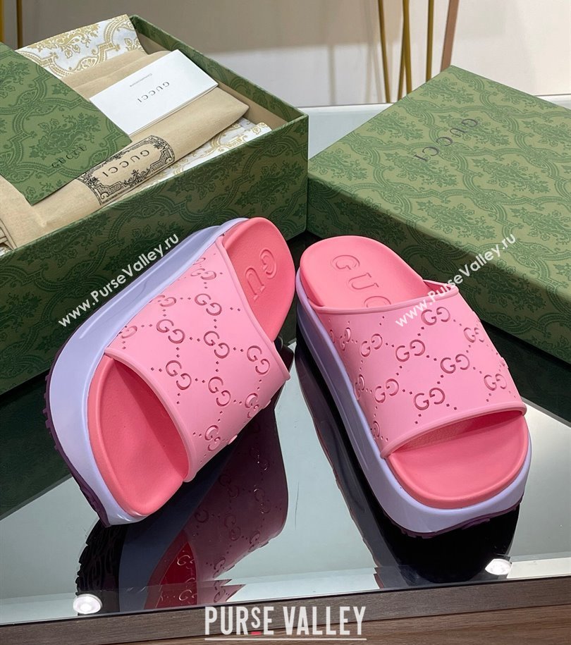 Gucci Women/Men platform perforated GG Rubber slide sandals Pink 2024 (modeng-24031134)