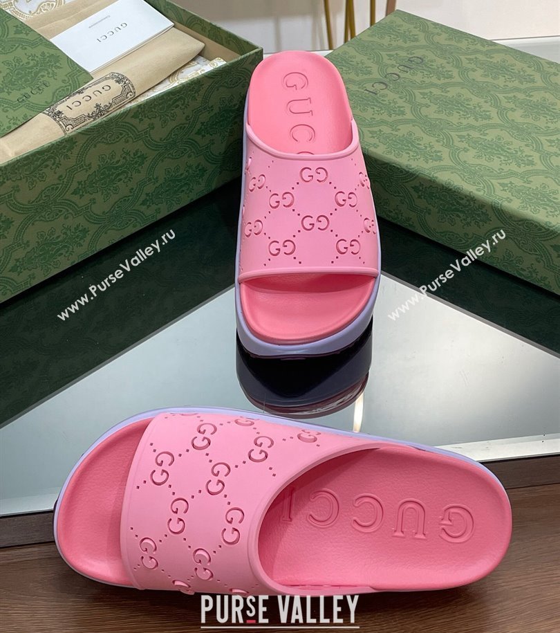 Gucci Women/Men platform perforated GG Rubber slide sandals Pink 2024 (modeng-24031134)