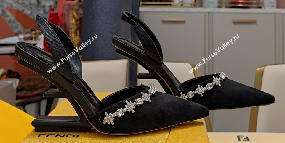 Fendi First high-heeled 9cm slingbacks Satin Black with crystals 2024 (modeng-24032015)