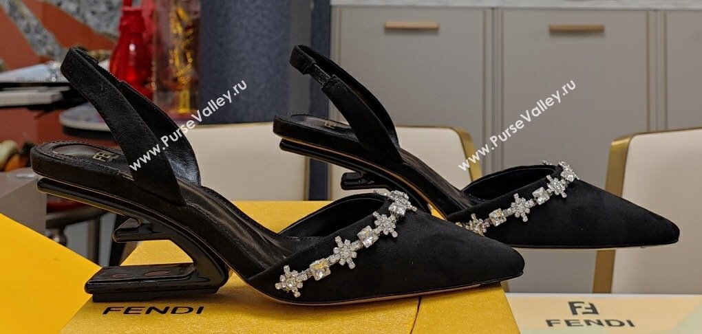 Fendi First high-heeled 7cm slingbacks Satin Black with crystals 2024 (modeng-24032016)