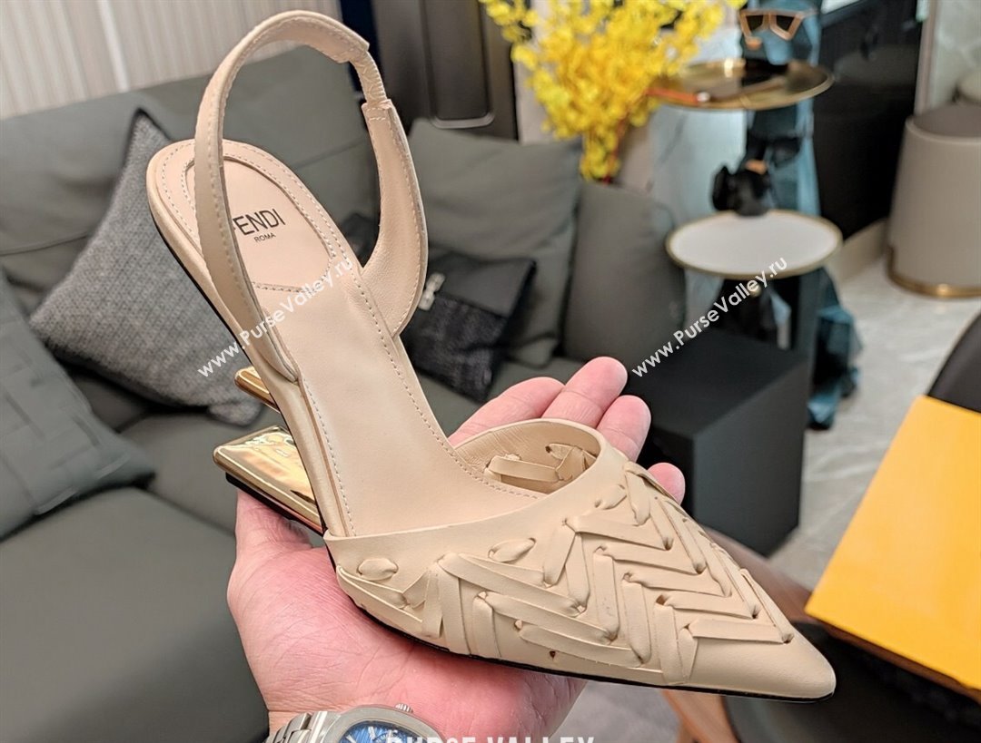 Fendi First interlaced leather high-heeled 9cm slingbacks Creamy 2024 (modeng-24032030)