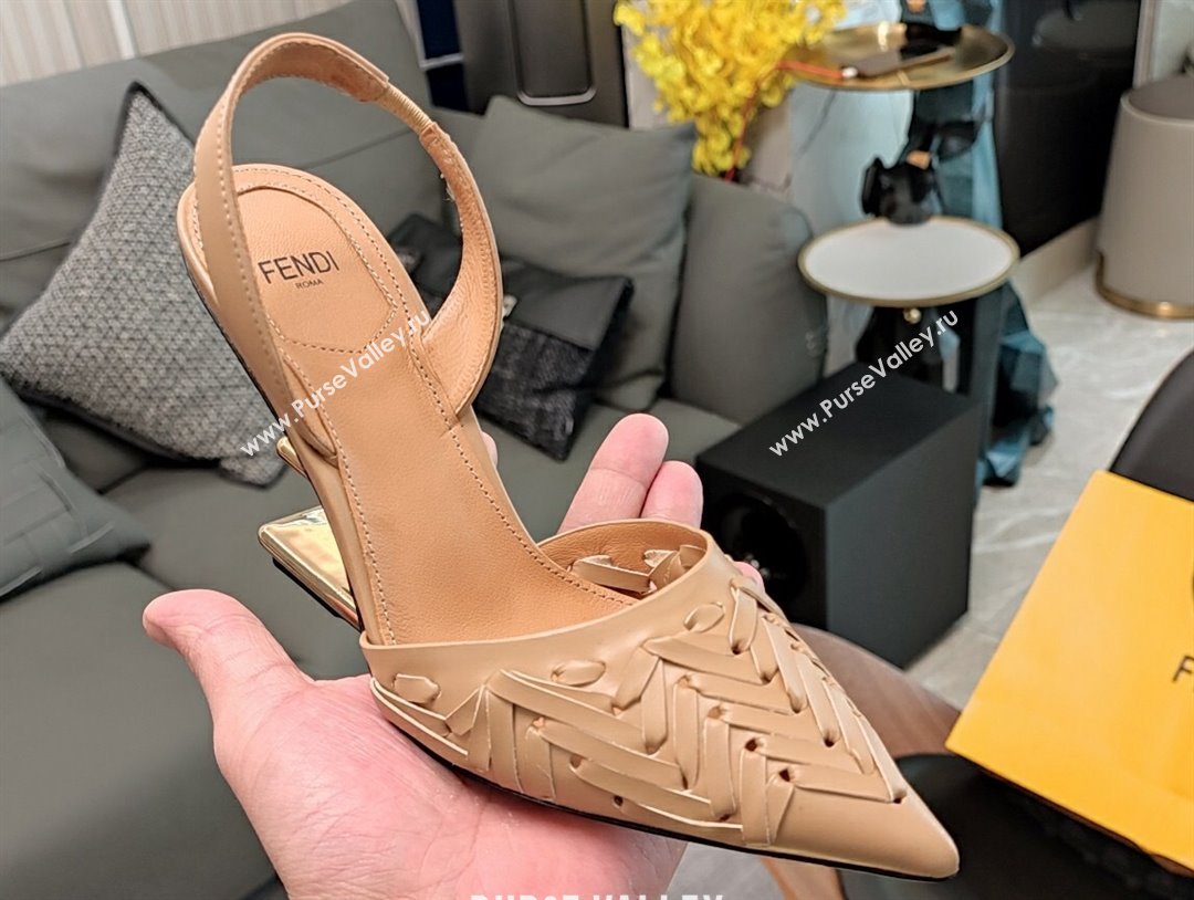 Fendi First interlaced leather high-heeled 9cm slingbacks Beige 2024 (modeng-24032031)