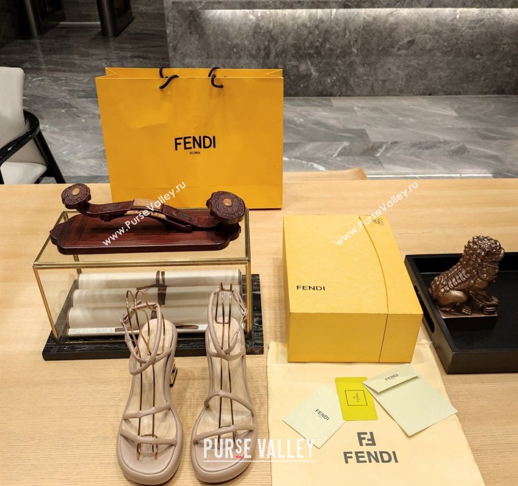 Fendi high-heeled 9cm Nappa Leather Baguette Sandals Beige 2024 (modeng-24032279)