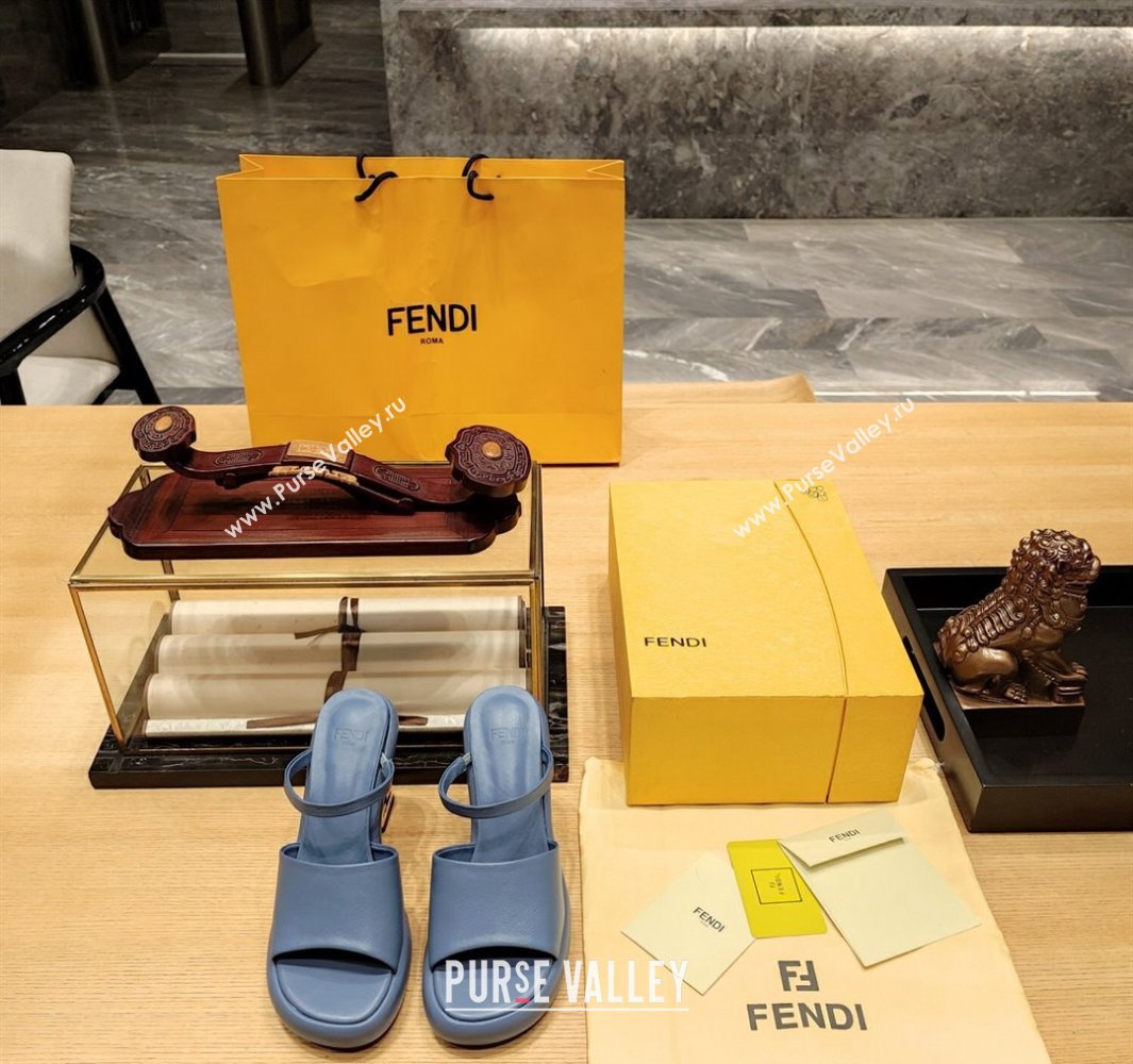 Fendi high-heeled 9cm Nappa Leather Baguette Slide Sandals Blue 2024 (modeng-24032275)