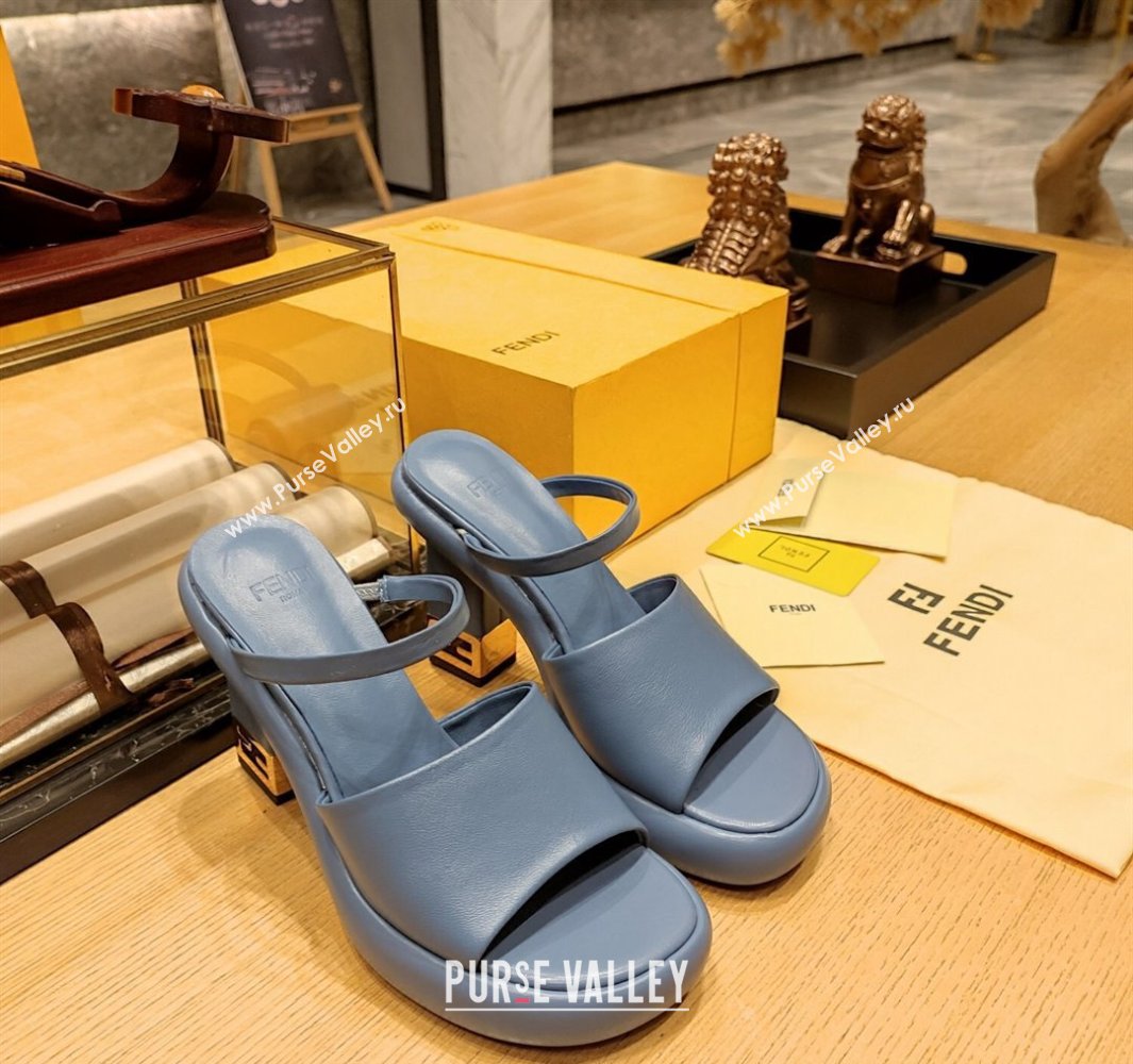 Fendi high-heeled 9cm Nappa Leather Baguette Slide Sandals Blue 2024 (modeng-24032275)