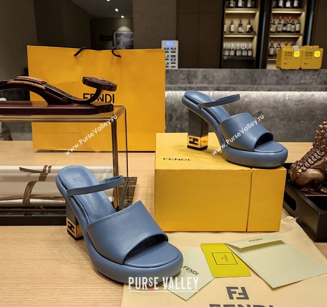 Fendi high-heeled 9cm Nappa Leather Baguette Slide Sandals Blue 2024 (modeng-24032275)