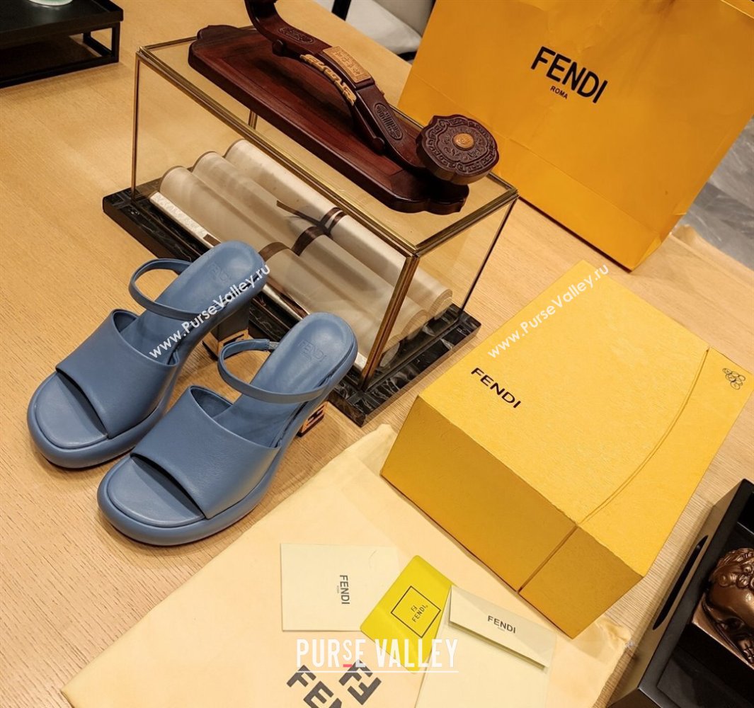 Fendi high-heeled 9cm Nappa Leather Baguette Slide Sandals Blue 2024 (modeng-24032275)