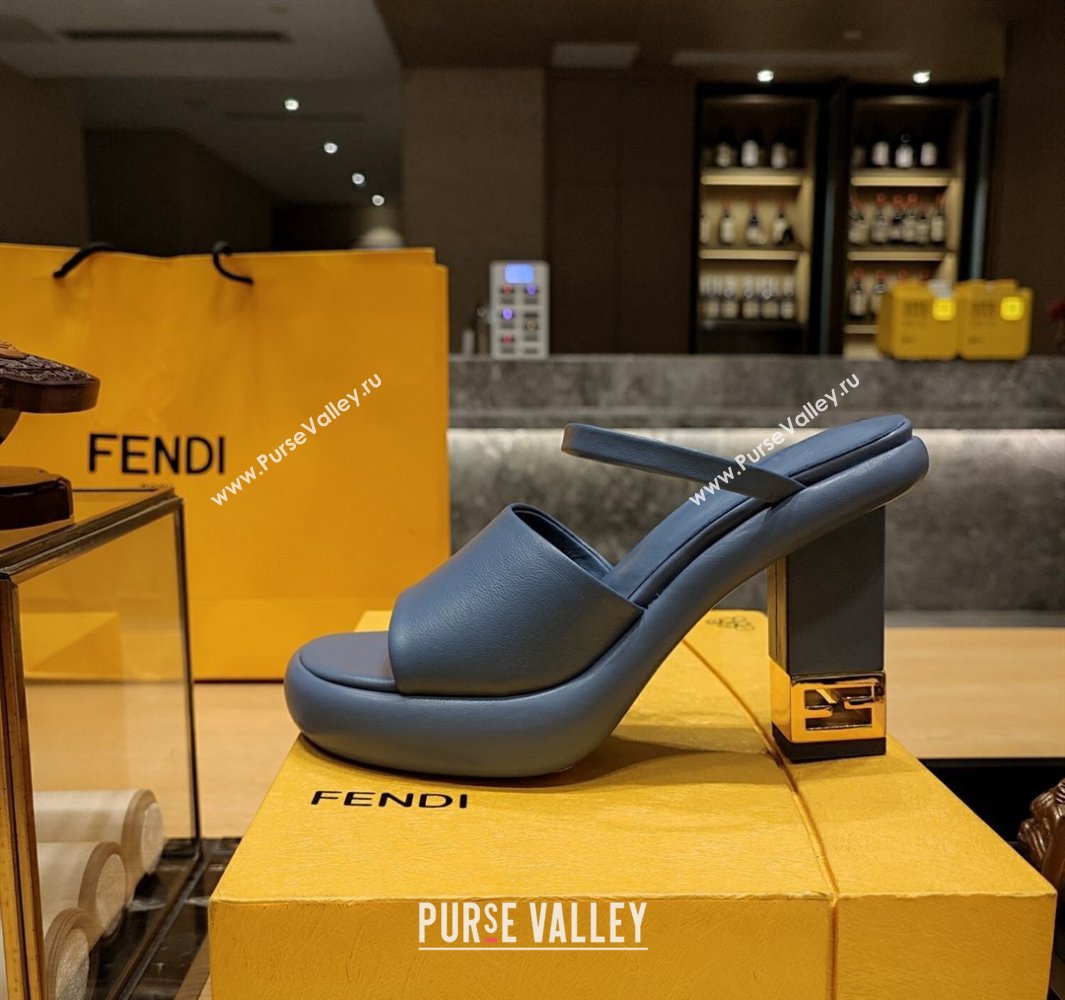 Fendi high-heeled 9cm Nappa Leather Baguette Slide Sandals Blue 2024 (modeng-24032275)