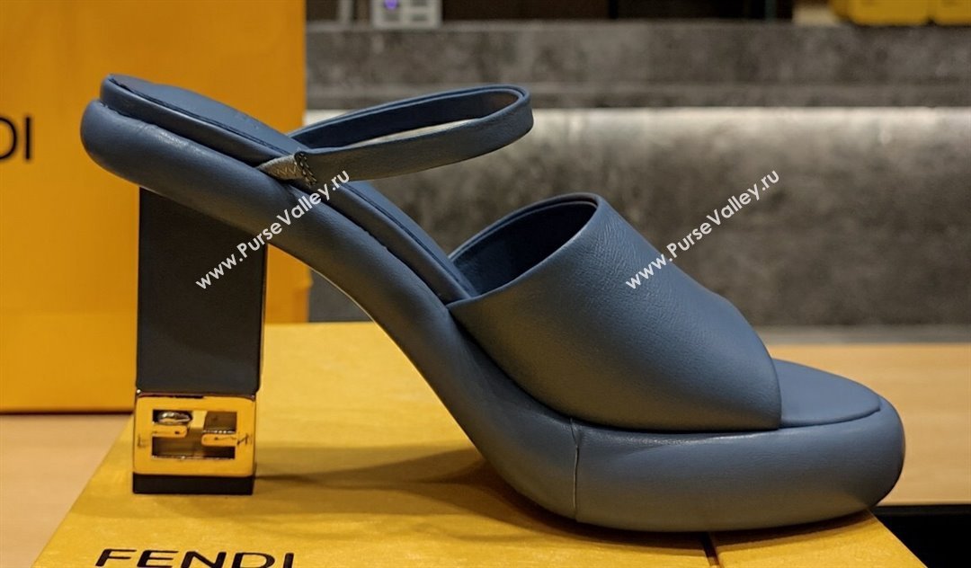 Fendi high-heeled 9cm Nappa Leather Baguette Slide Sandals Blue 2024 (modeng-24032275)