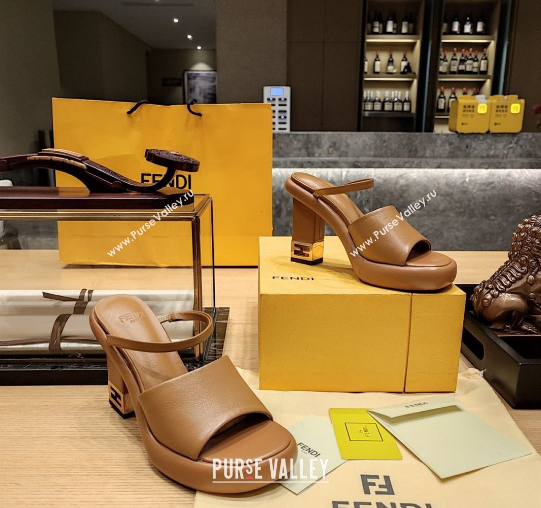 Fendi high-heeled 9cm Nappa Leather Baguette Slide Sandals Brown 2024 (modeng-24032274)