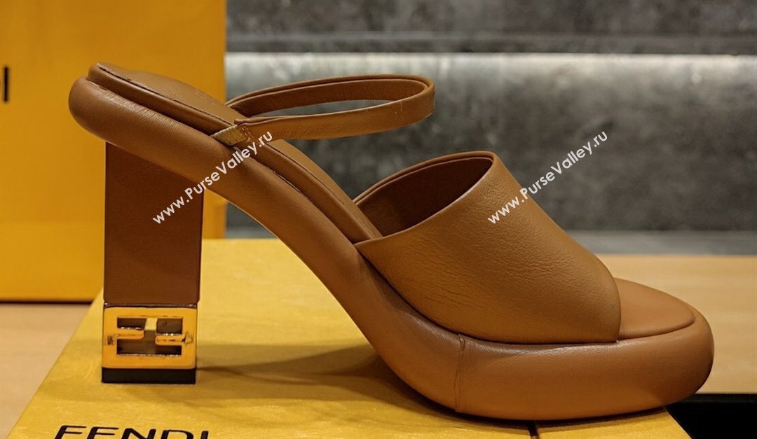 Fendi high-heeled 9cm Nappa Leather Baguette Slide Sandals Brown 2024 (modeng-24032274)