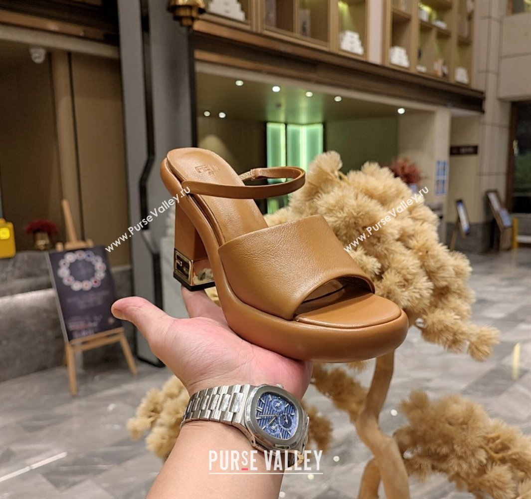 Fendi high-heeled 9cm Nappa Leather Baguette Slide Sandals Brown 2024 (modeng-24032274)