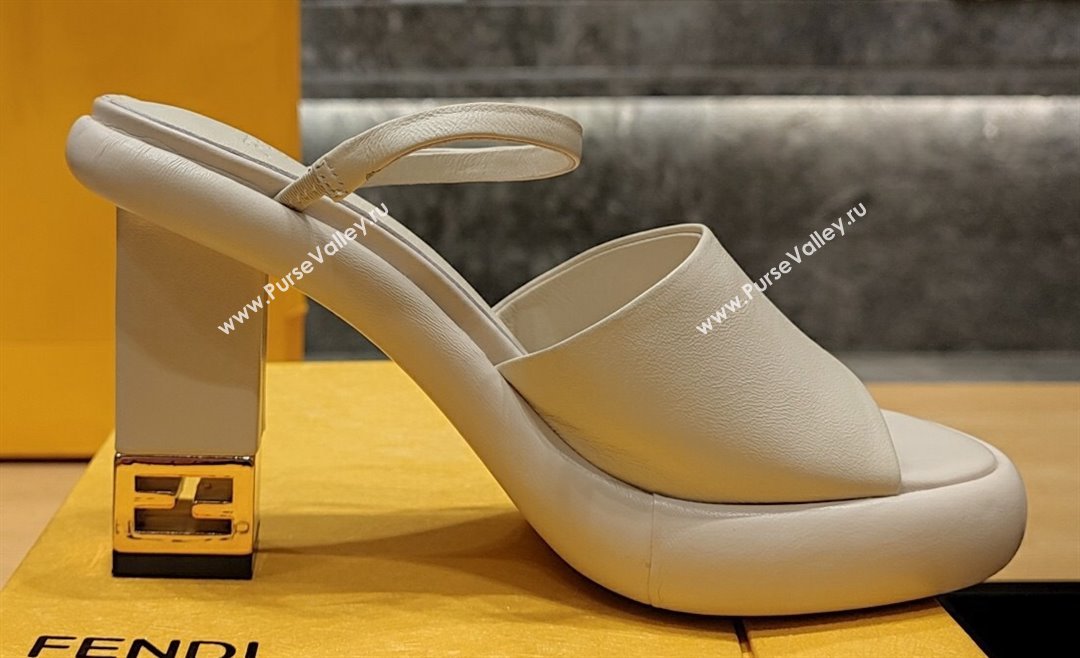 Fendi high-heeled 9cm Nappa Leather Baguette Slide Sandals Creamy 2024 (modeng-24032273)