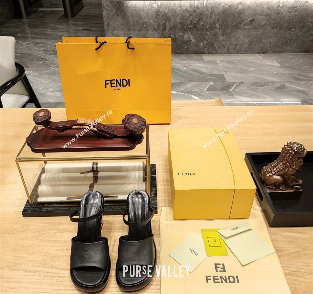 Fendi high-heeled 9cm Nappa Leather Baguette Slide Sandals Black 2024 (modeng-24032271)