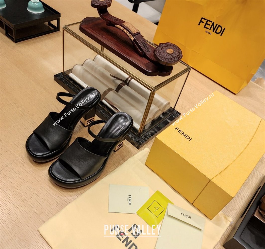 Fendi high-heeled 9cm Nappa Leather Baguette Slide Sandals Black 2024 (modeng-24032271)