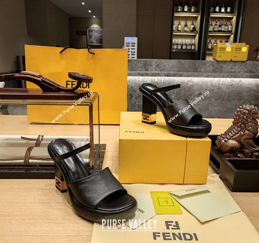 Fendi high-heeled 9cm Nappa Leather Baguette Slide Sandals Black 2024 (modeng-24032271)