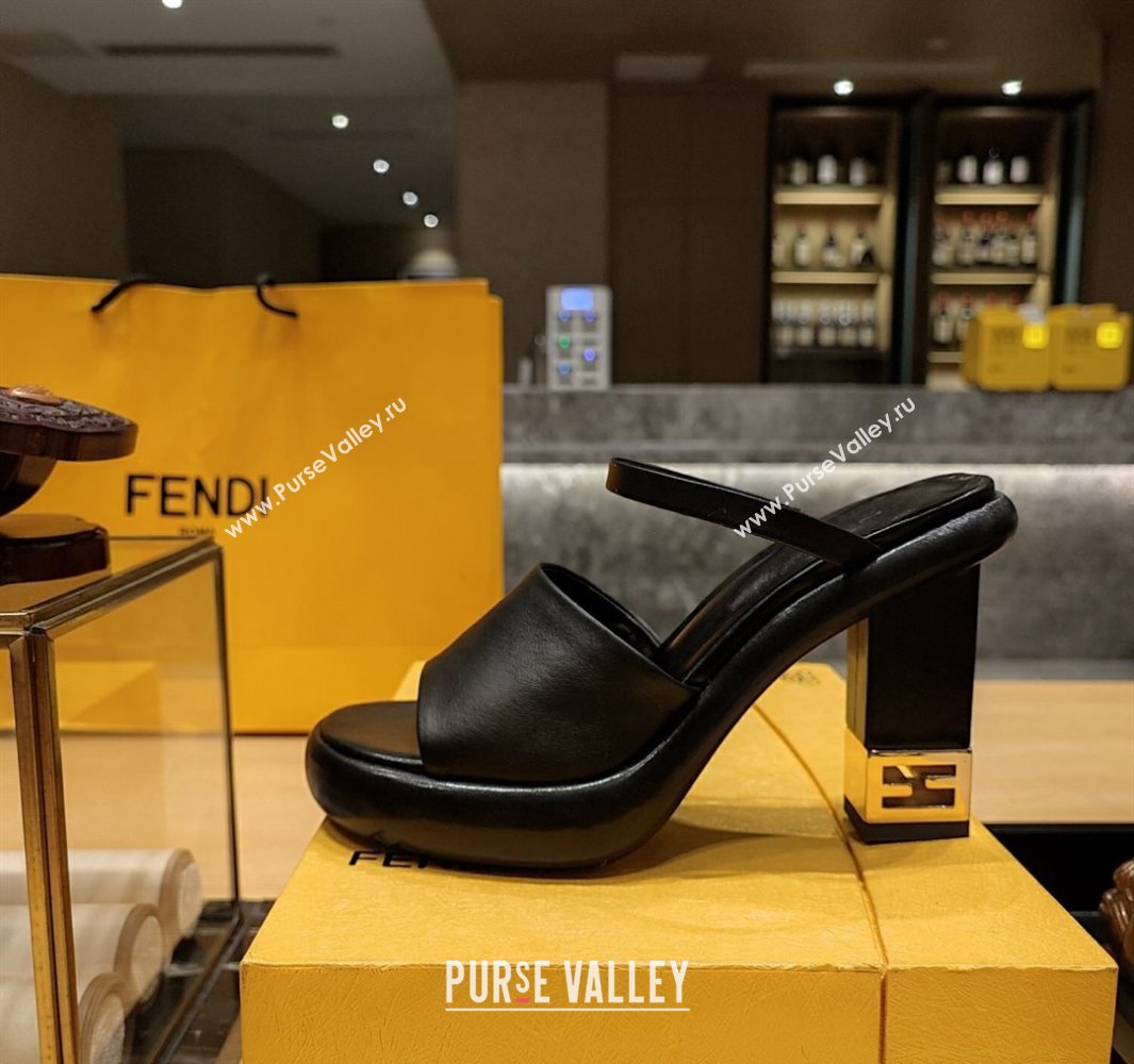 Fendi high-heeled 9cm Nappa Leather Baguette Slide Sandals Black 2024 (modeng-24032271)