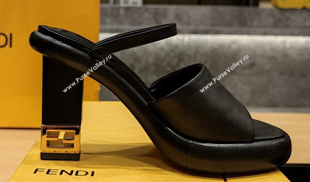 Fendi high-heeled 9cm Nappa Leather Baguette Slide Sandals Black 2024 (modeng-24032271)