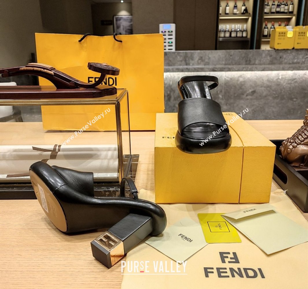 Fendi high-heeled 9cm Nappa Leather Baguette Slide Sandals Black 2024 (modeng-24032271)