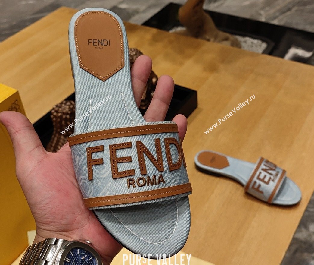 Fendi Signature embroidered-logo Slides Blue 2024 (modeng-24032058)