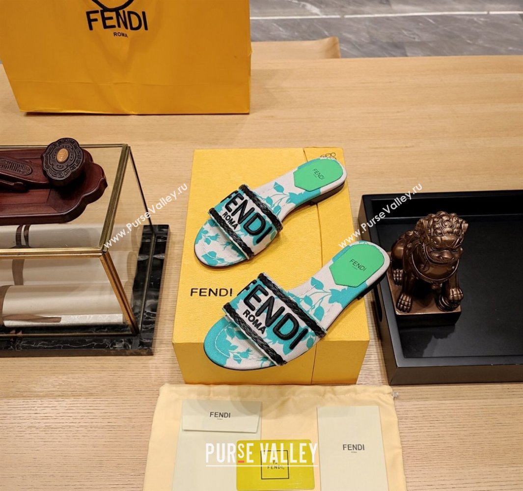 Fendi Signature Slides in canvas Green with all-over floral print 2024 (modeng-24032055)