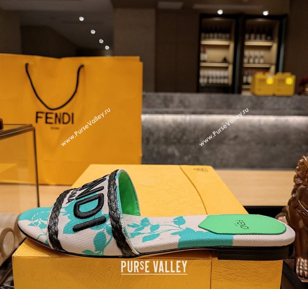 Fendi Signature Slides in canvas Green with all-over floral print 2024 (modeng-24032055)