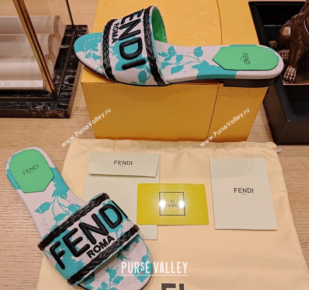 Fendi Signature Slides in canvas Green with all-over floral print 2024 (modeng-24032055)