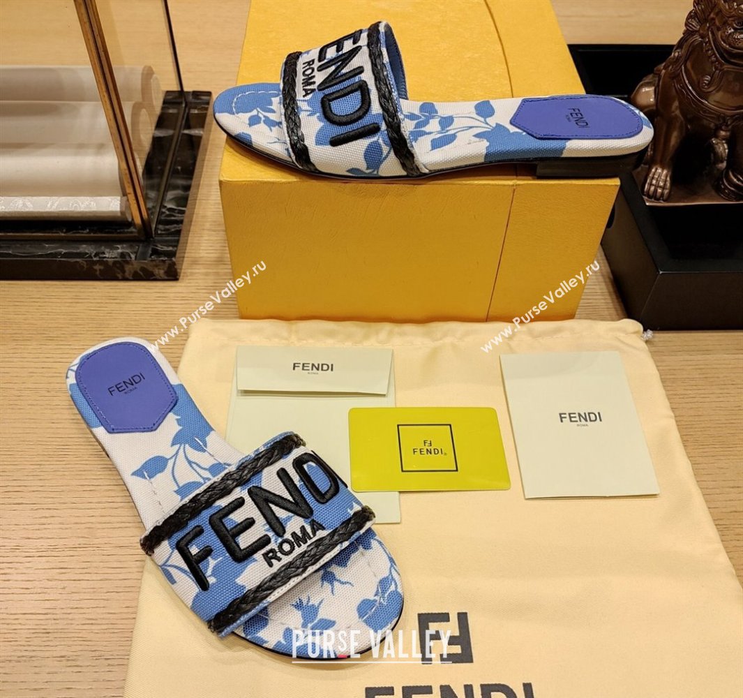 Fendi Signature Slides in canvas Blue with all-over floral print 2024 (modeng-24032056)