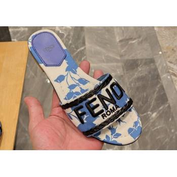 Fendi Signature Slides in canvas Blue with all-over floral print 2024 (modeng-24032056)