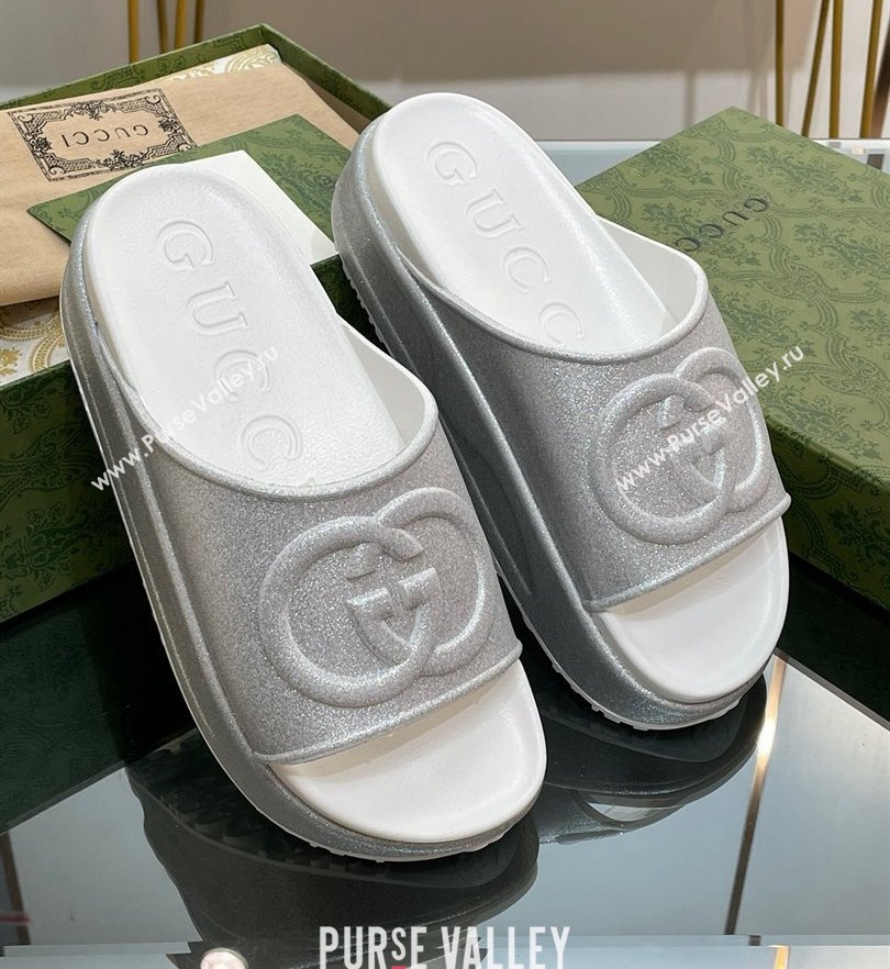 Gucci Women/Men platform Rubber slide sandals with Interlocking G Metallic Silver 2024 (modeng-24031117)