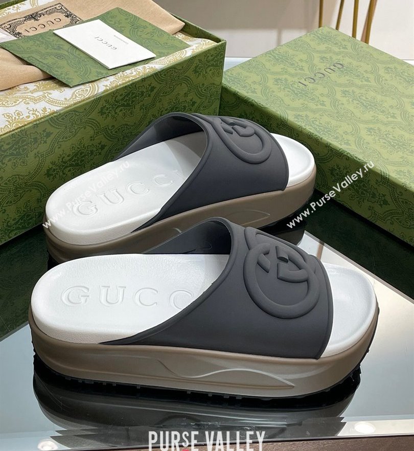 Gucci Women/Men platform Rubber slide sandals with Interlocking G Dark Gray 2024 (modeng-24031118)