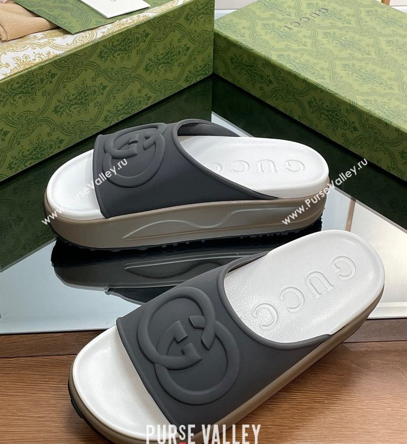 Gucci Women/Men platform Rubber slide sandals with Interlocking G Dark Gray 2024 (modeng-24031118)