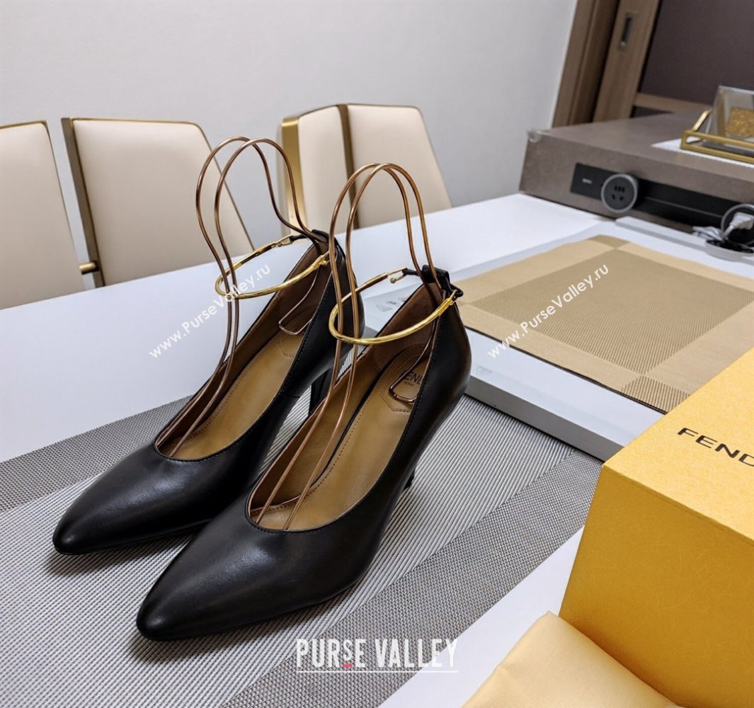 Fendi Filo high-heeled 8.5cm leather pumps Black with metallic ankle strap 2024 (modeng-24032032)