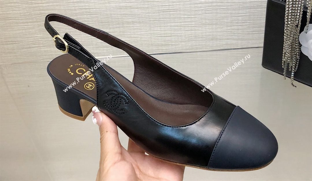 Chanel Heel 4.5cm CC Logo Calfskin Slingbacks G45566 Black 2024 (kaola-24031106)