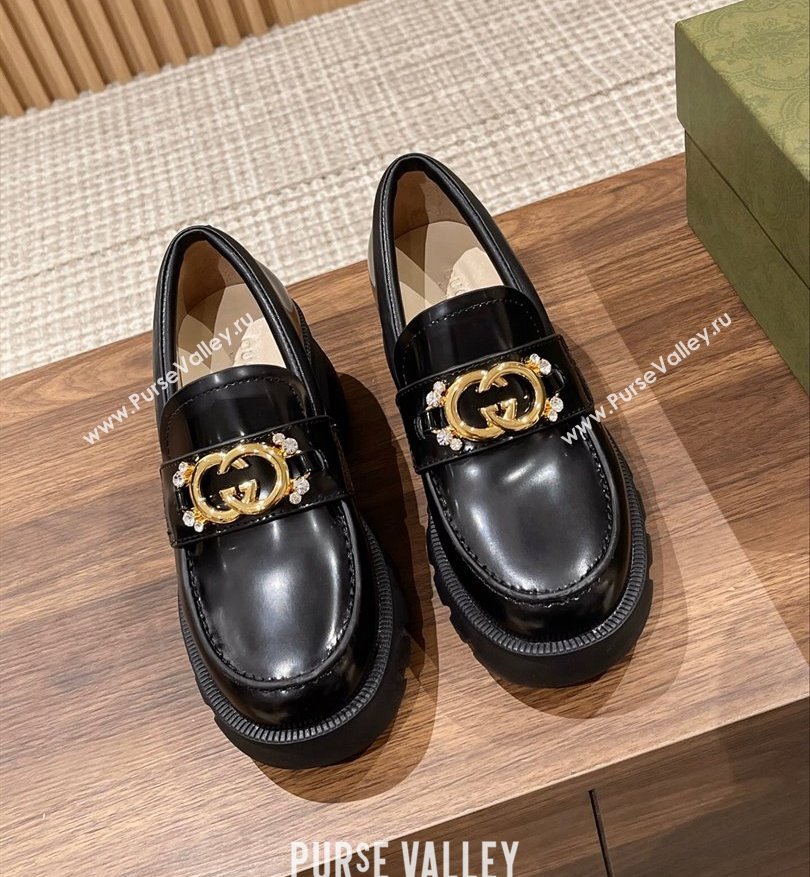 Gucci Interlocking G and Crystal lug sole loafers Black 2024 (kaola-24031112)