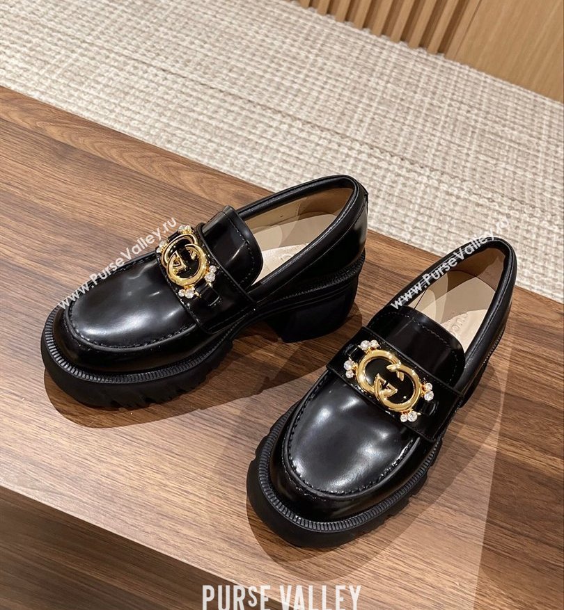 Gucci Interlocking G and Crystal lug sole loafers Black 2024 (kaola-24031112)